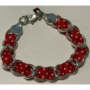 Vintage Tommy Hilfiger Red & White Polka Dot Ribbon Bracelet Chainlink